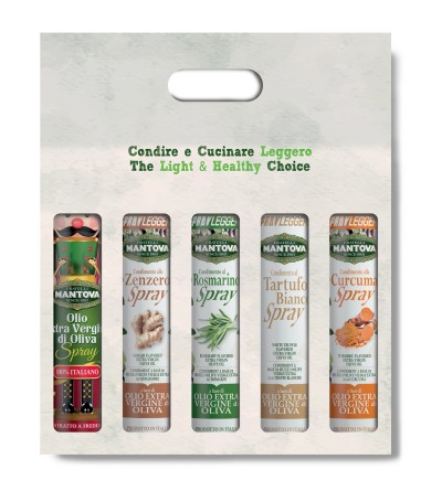 Gift package of 5X200 ml spray: extra virgin olive oil, rosemary, ginger, turmeric, and white truffle condiment