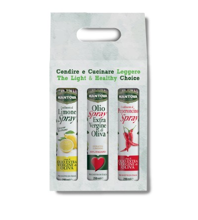 Gift package of 3X250 ml spray: extra virgin olive oil, lemon and chilli pepper condiment