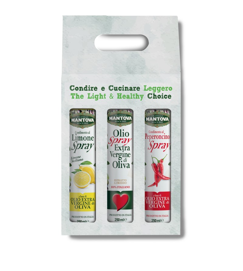Confezione 3X250 ml spray: olio extravergine d’oliva, condimento al limone e al peperoncino - Sprayleggero