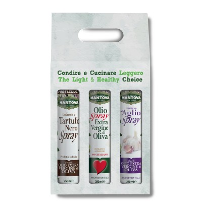 Confezione 3X250 ml spray: olio extravergine d’oliva, condimento all’aglio e al tartufo nero