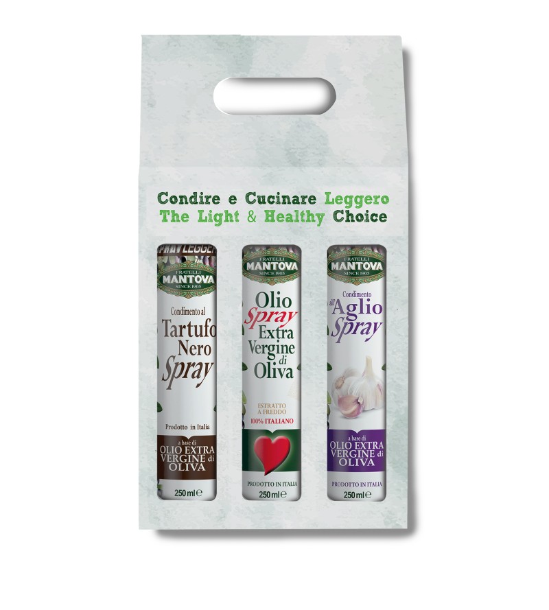 Confezione 3X250 ml spray: olio extravergine d’oliva, condimento all’aglio e al tartufo nero - Sprayleggero