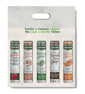 Gift package of 5X200 ml spray: extra virgin olive oil, rosemary, ginger, turmeric, and black truffle condiment