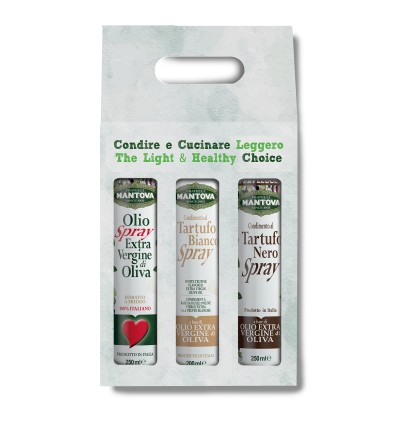 Confezione 3X200 ml spray: olio extravergine d’oliva, condimento al tartufo nero e al tartufo bianco