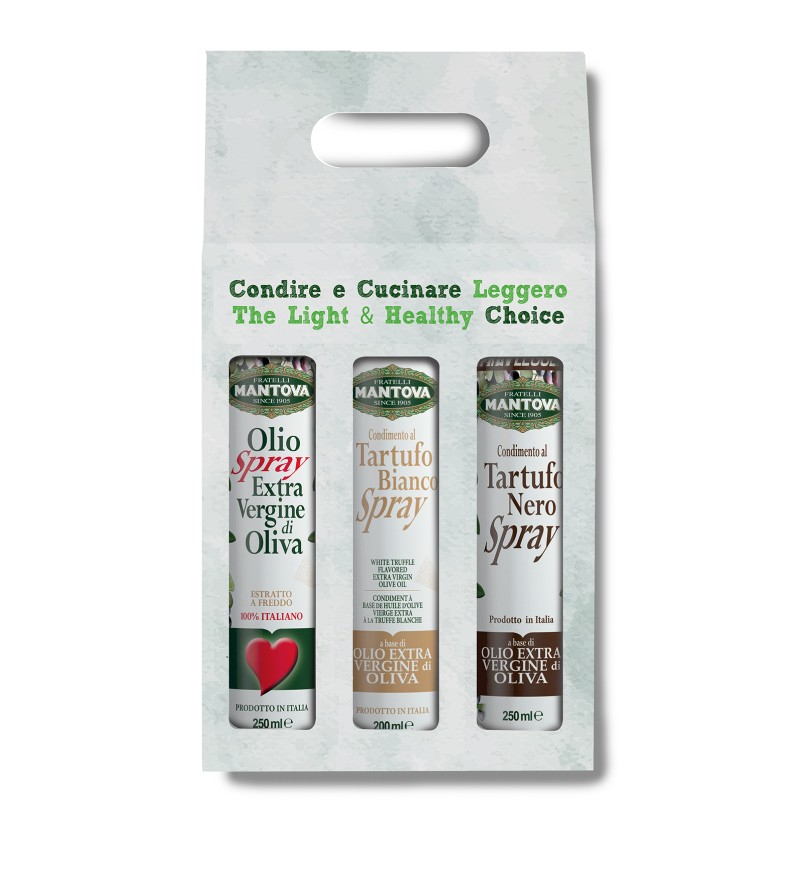 Confezione 3X200 ml spray: olio extravergine d’oliva, condimento al tartufo nero e al tartufo bianco