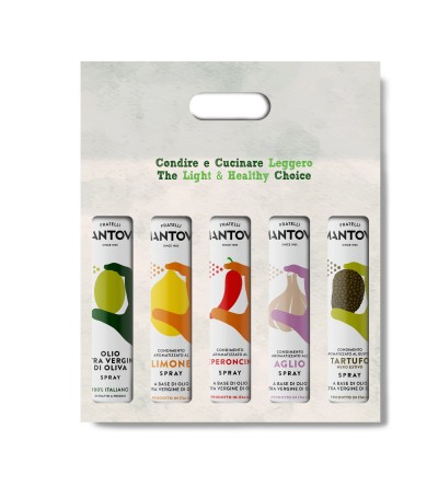 Gift package of 5X250 ml spray: extra virgin olive oil, lemon, chilli pepper, garlic, truffle condiment