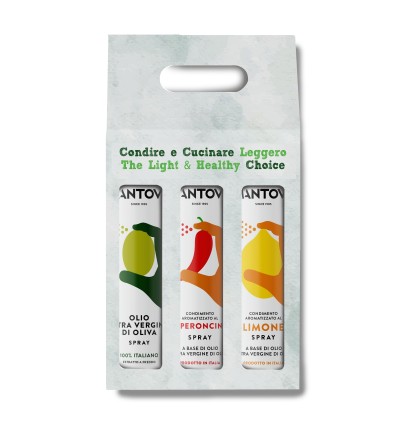 Gift package of 3X250 ml spray: extra virgin olive oil, lemon and chilli pepper condiment