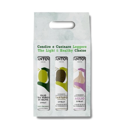 Gift package of 3X250 ml spray: extra virgin olive oil, garlic and black truffle condiment