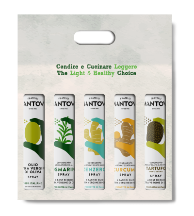 Gift package of 5X200 ml spray: extra virgin olive oil, rosemary, ginger, turmeric, and black truffle condiment