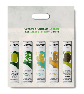 Gift package of 5X200 ml spray: extra virgin olive oil, rosemary, ginger, turmeric, and black truffle condiment