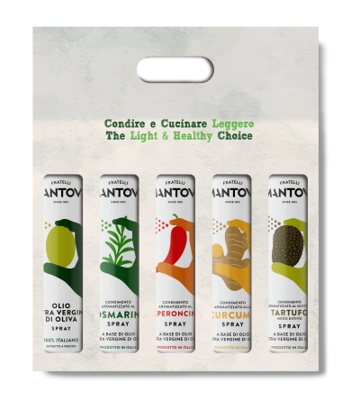 Gift package of 5X200 ml spray: extra virgin olive oil, rosemary, chilli pepper, turmeric and black truffle condiment