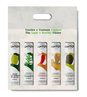 Gift package of 5X200 ml spray: extra virgin olive oil, rosemary, chilli pepper, turmeric and black truffle condiment