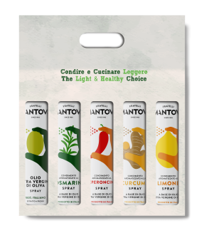 Gift package of 5X200 ml spray: extra virgin olive oil, rosemary, chilli pepper, turmeric and lemon condiment