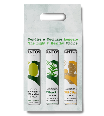 Gift package of 3X200 ml spray: extra virgin olive oil, rosemary, turmeric condiment